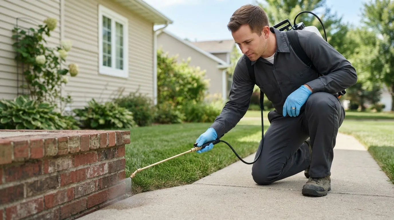 Pest control technician treating a home near New London, OH