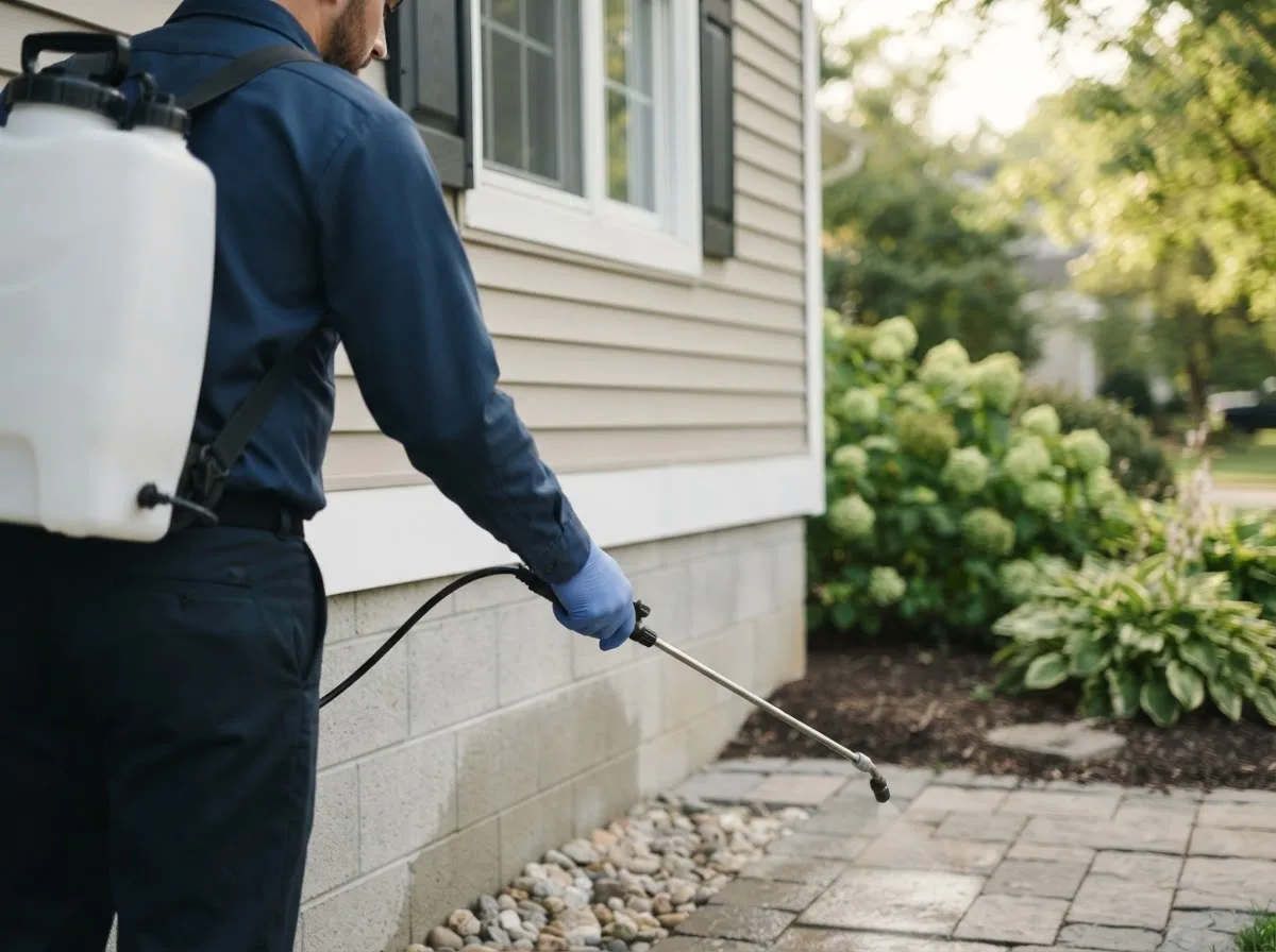 Pest control technician inspecting a home in New London, OH